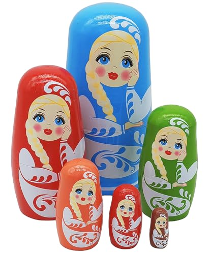 Konrisa 6 Stück Rusian Nesting Dolls for Girls Matroschka Russian Wooden Figure Long Braid Stacking Toys Birthday Party Supplies (Blue) von Konrisa