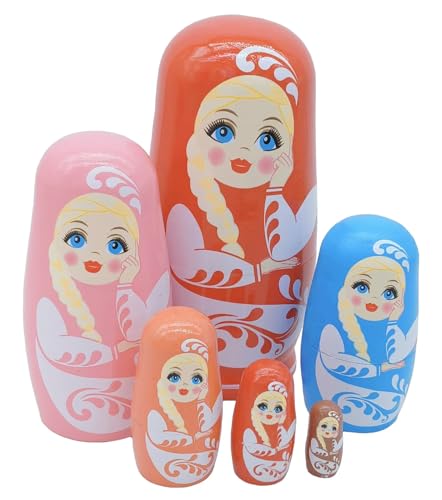 Konrisa 6 Stück Rusian Nesting Dolls for Girls Matroschka Russian Wooden Figure Long Braid Stacking Toys Birthday Party Supplies (Red) von Konrisa