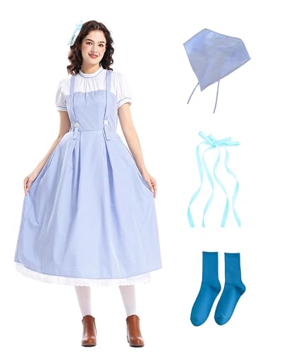 Dorothy Kostüm für Erwachsene, Damen, Dorothy Oz Fairytale Verkleidung Kansas Girl Blau Weiß Gingham Kleid mit Stirnband Kopftuch Welttag Kostüm von Koongso