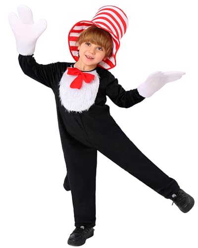 Kinder Unisex The Cat in Hat Costume Dr. Seuss Cartoon Cat Jumpsuit Stripe Hat Set Child Christmas Halloween Party Onesie School Stage World Book Day Outfit von Koongso