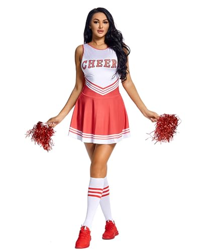 Koongso Cheerleader-Kostüm für Damen, ärmelloses Kleid mit Schlauchsocken, Pompons, Weltmeisterschaft, Sporttag, Cheer, Uniform, Tanz, Musik, Party, Halloween-Outfit von Koongso