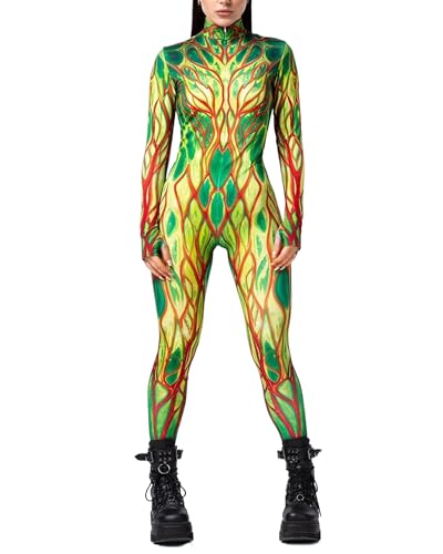 Koongso Damen Tier Halloween Kostüm Jumpsuit Frauen 3D Druck Meerjungfrau Skinny Catsuit Langarm Schlange Bodysuit Einteiler Strampler Einteiler, gelb, L von Koongso