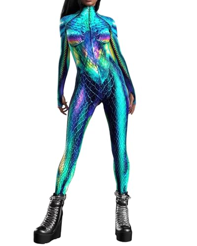 Koongso Damen Tier Halloween Kostüm Jumpsuit Frauen 3D Druck Meerjungfrau Skinny Catsuit Langarm Schlange Bodysuit Einteiler Strampler Einteiler, grün, 3XL von Koongso