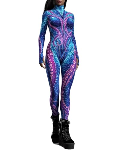 Koongso Damen Tier Halloween Kostüm Jumpsuit Frauen 3D Druck Meerjungfrau Skinny Catsuit Langarm Schlange Bodysuit Einteiler Strampler Einteiler, violett, L von Koongso