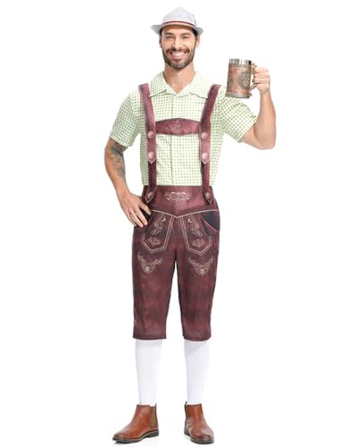 Koongso Deutsches Oktoberfest Trachten für Erwachsene Kostüm Herren Kariertes Hemd mit Strapshose Alpenhut für Oktoberfest Bayerischer Karneval Bierfest Party Halloween von Koongso