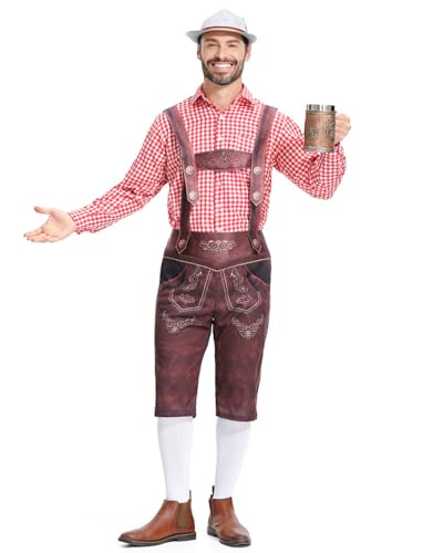 Koongso Deutsches Oktoberfest Trachten für Erwachsene Kostüm Herren Kariertes Hemd mit Strapshose Alpenhut für Oktoberfest Bayerischer Karneval Bierfest Party Halloween von Koongso