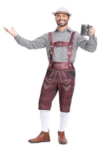 Koongso Deutsches Oktoberfest Trachten für Erwachsene Kostüm Herren Kariertes Hemd mit Strapshose Alpenhut für Oktoberfest Bayerischer Karneval Bierfest Party Halloween von Koongso