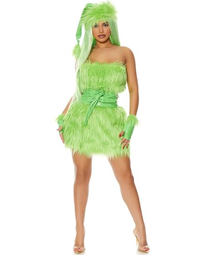 Koongso Dr. Seuss Weihnachts-Kostümkleid für Damen, Stola, grünes Monster, Plüsch, pelzig, schulterfrei, Kleid mit Hut für Weihnachten, Party, Karneval, Nachtclub von Koongso