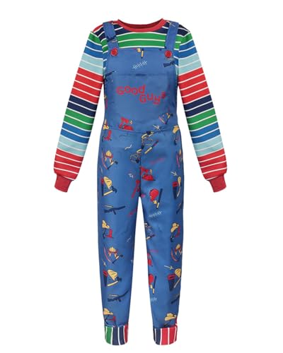 Koongso Erwachsene Chucky Kostüm Horror Movie Killer Puppe Rollenspiel Set Overalls mit Streifen T-Shirt Herren Damen Neuheit Paar Dress Up für Halloween Karneval Party von Koongso