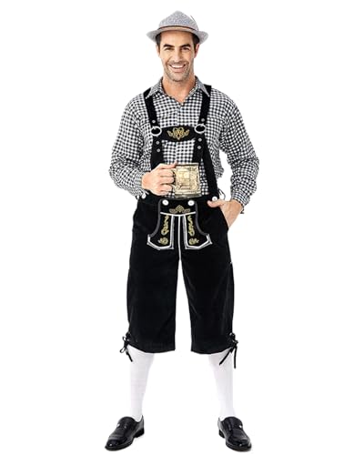 Koongso Erwachsene Deutsche Oktoberfest Tracht Herren Kariertes Hemd mit Strapshose Alpenhut für Oktoberfest Bayerischer Karneval Bierfest Party Halloween von Koongso