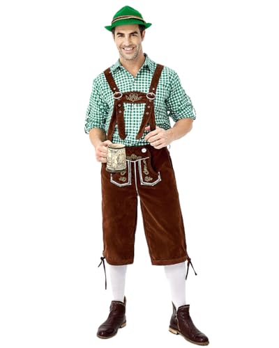 Koongso Erwachsene Deutsche Oktoberfest Tracht Herren Kariertes Hemd mit Strapshose Alpenhut für Oktoberfest Bayerischer Karneval Bierfest Party Halloween von Koongso