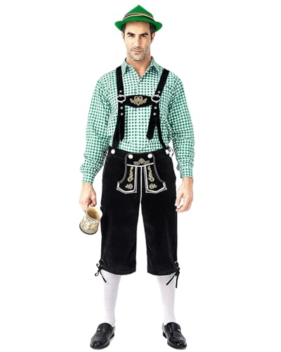 Koongso Erwachsene Deutsche Oktoberfest Tracht Herren Kariertes Hemd mit Strapshose Alpenhut für Oktoberfest Bayerischer Karneval Bierfest Party Halloween von Koongso