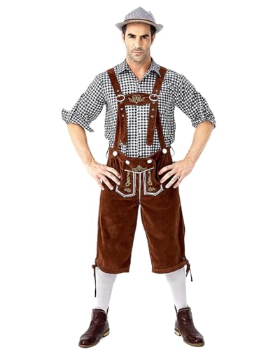 Koongso Erwachsene Deutsche Oktoberfest Tracht Herren Kariertes Hemd mit Strapshose Alpenhut für Oktoberfest Bayerischer Karneval Bierfest Party Halloween von Koongso