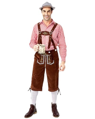 Koongso Erwachsene Deutsche Oktoberfest Tracht Herren Kariertes Hemd mit Strapshose Alpenhut für Oktoberfest Bayerischer Karneval Bierfest Party Halloween von Koongso