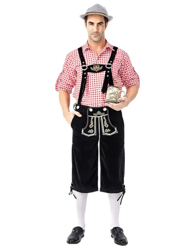 Koongso Erwachsene Deutsche Oktoberfest Tracht Herren Kariertes Hemd mit Strapshose Alpenhut für Oktoberfest Bayerischer Karneval Bierfest Party Halloween von Koongso