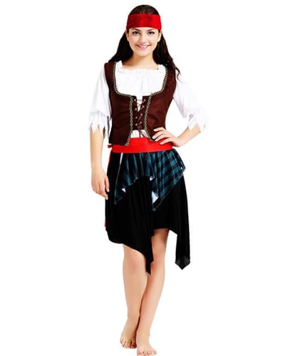 Koongso Erwachsene Halloween Piraten Kostüm, Damen Mittelalter Renaissance Wikinger Rock Set mit Kopftuch Schärpe Gürtel Freibeuter Outfit für Mottoparty Karneval Bühne von Koongso