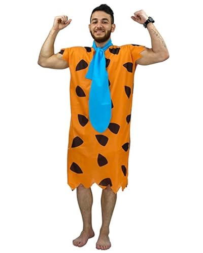 Koongso Erwachsene Höhlenmensch Fred Kostüm Herren prähistorische Steinzeit Orange bedruckte Tunika Halloween Rollenspiel Verkleidung Karneval Geburtstag Familie Party Outfits von Koongso