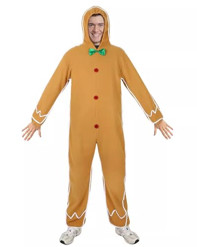 Koongso Erwachsene Weihnachten Lebkuchenmann Onesie Xmas Lebkuchen-Kapuzenoverall Nachtwäsche Karneval Party Outfit Foto Requisiten Reißverschluss Homewear für Männer Frauen, braun, M von Koongso