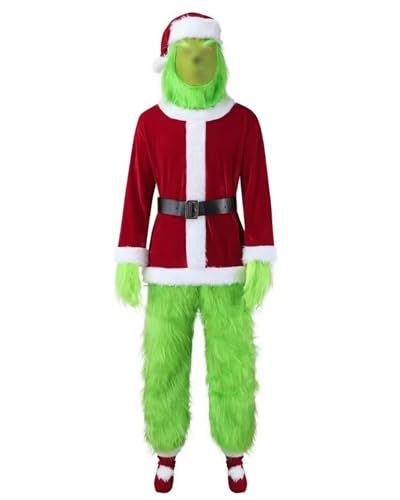 Koongso Erwachsenenkostüm, grünes Monster-Kostüm, Dr. Seuss Pelzmonster, Deluxe-Weihnachtsmann-Outfit mit Maske, für Herren und Damen, Weihnachten, Party, Rollenspiel, Verkleidung, Foto-Requisiten von Koongso