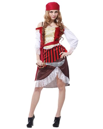 Koongso Erwachsenenkostüm Piratenkostüm Damen Freibeuter Mittelalter Vintage Kleid Halloween Karneval Rollenspiel Party Outfit Bühnenrequisiten mit Kopfbedeckung Schal Bandana Gürtel von Koongso