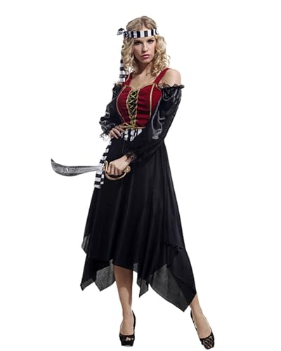 Koongso Erwachsenenkostüm Piratenkostüm Damen Freibeuter Mittelalter Vintage Kleid Halloween Karneval Rollenspiel Party Outfit Bühnenrequisiten mit Kopfbedeckung Schal Bandana Gürtel von Koongso