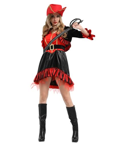 Koongso Erwachsenenkostüm Piratenkostüm Damen Freibeuter Mittelalter Vintage Kleid Halloween Karneval Rollenspiel Party Outfit Bühnenrequisiten mit Kopfbedeckung Schal Bandana Gürtel von Koongso