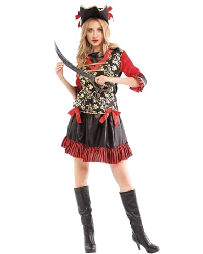 Koongso Erwachsenenkostüm Piratenkostüm Damen Freibeuter Mittelalter Vintage Kleid Halloween Karneval Rollenspiel Party Outfit Bühnenrequisiten mit Kopfbedeckung Schal Bandana Gürtel von Koongso