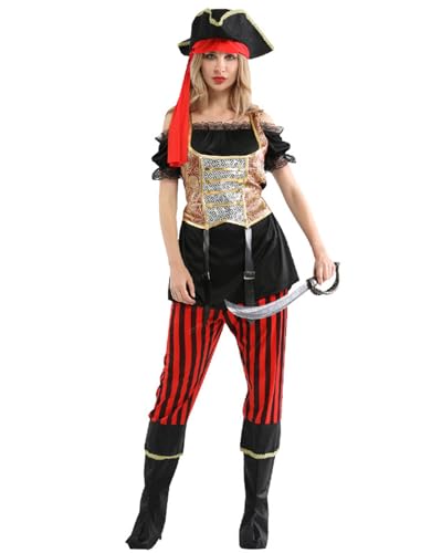 Koongso Erwachsenenkostüm Piratenkostüm Damen Freibeuter Mittelalter Vintage Kleid Halloween Karneval Rollenspiel Party Outfit Bühnenrequisiten mit Kopfbedeckung Schal Bandana Gürtel von Koongso