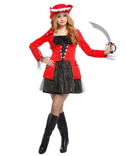 Koongso Erwachsenenkostüm Piratenkostüm Damen Freibeuter Mittelalter Vintage Kleid Halloween Karneval Rollenspiel Party Outfit Bühnenrequisiten mit Kopfbedeckung Schal Bandana Gürtel von Koongso