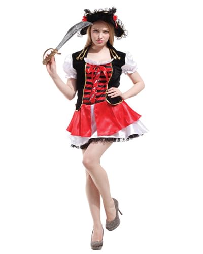 Koongso Erwachsenenkostüm Piratenkostüm Damen Freibeuter Mittelalter Vintage Kleid Halloween Karneval Rollenspiel Party Outfit Bühnenrequisiten mit Kopfbedeckung Schal Bandana Gürtel von Koongso