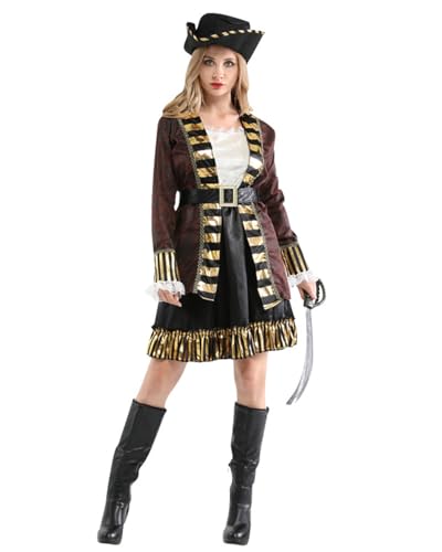 Koongso Erwachsenenkostüm Piratenkostüm Damen Freibeuter Mittelalter Vintage Kleid Halloween Karneval Rollenspiel Party Outfit Bühnenrequisiten mit Kopfbedeckung Schal Bandana Gürtel von Koongso