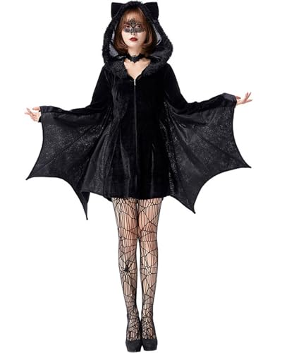 Koongso Halloween-Kostüm für Damen, Fledermaus-Vampir, schwarzer Reißverschluss, Kapuzenoutfits mit Verkleidungszubehör, Karneval, Rollenspiel, Party, Fasching, Bühnenrequisiten von Koongso