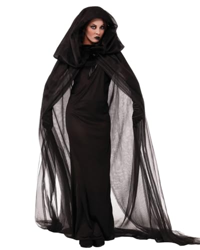 Koongso Halloween-Kostüm für Damen, Hexe, Vampir, gruselig, Geisterbraut mit Umhang, Schleier, Hut, Halloween, Bühne, Rollenspiel, Outfit, gruselige Party-Requisiten von Koongso