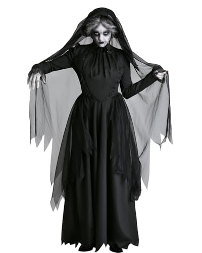 Koongso Halloween-Kostüm für Erwachsene, Hexe, Vampir-Kostüm, gruselige Geisterbraut-Gothic-Kleid mit Umhang, Schleier, Hut, Halloween, Bühne, Rollenspiel, Party-Outfit von Koongso