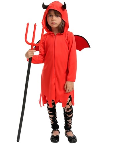 Koongso Halloween-Teufelskostüm für Kinder, Satanischer Dämon, Rollenspiel-Outfit mit Teufels-Heugabel-Requisite für Jungen und Mädchen, Karneval, Schule, Bühne, Neuheit Verkleidungsset von Koongso