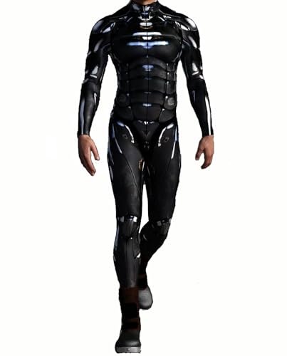 Koongso Herren Roboter Superheld Halloween Kostüm Overall Unisex Erwachsene Onesie 3D Schwarz Superheld Battle Suit Skinny Catsuit Roboter Cosplay Zentai Bodysuit von Koongso