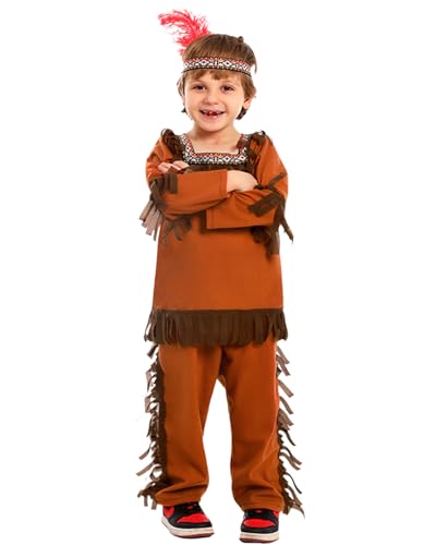 Koongso Indianer-Kostüm für Kinder, braunes Fransenoutfit mit Federn, Stirnband, für Thanksgiving, Karneval, Schule, Bühnenaufführung von Koongso