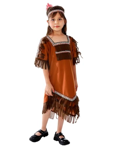 Koongso Indianer-Kostüm für Kinder, braunes Fransenoutfit mit Federn, Stirnband, für Thanksgiving, Karneval, Schule, Bühnenaufführung von Koongso