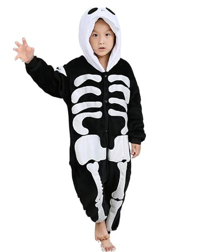 Koongso Jack Skellington Einteiler-Kostüm für Jungen, Halloween-Albtraum, Weihnachtskostüm, schwarz-weiß, Skelett-Fleece, einteiliger Schlafanzug mit Kapuze, schwarz / weiß, 110 von Koongso