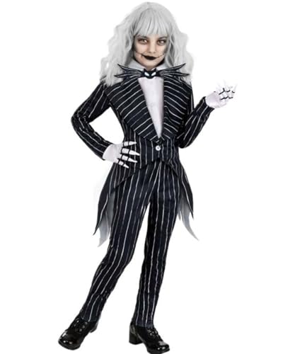 Koongso Kinder-Albtraum-Weihnachtskostüm Jack Skellington, gestreift, Frack, Jacke, Hose mit Fliege, Halloween, Rollenspiel, Party, Verkleidung, Schule, Bühnen-Outfits von Koongso