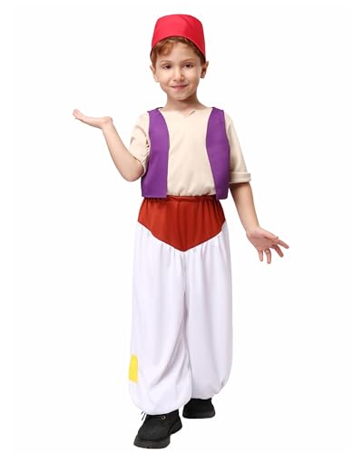 Koongso Kinderkostüm Arabischer Genieprinz, Jungen, Wüste, arabischer Prinz, Weste mit Hut, Straßen-Ratten-Outfit, Anzug, Halloween, Motto-Party, Kostüm, Schule, Bühnenrequisiten von Koongso