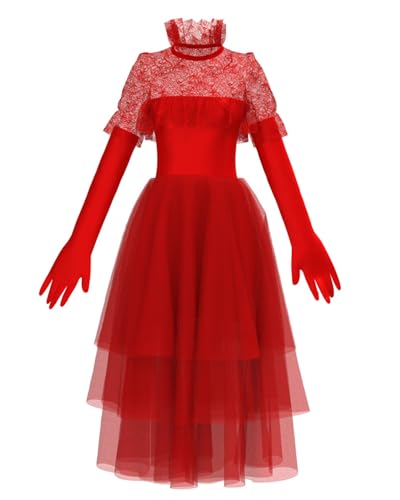 Koongso Lydia Deetz Käfer-Brautkostüm, für Damen und Mädchen, rote florale Spitze, Gothic-Hochzeitskleid und Handschuhe, Halloween, Karneval, Party, Bühnenverkleidung, Abendkleid, Ballkleid von Koongso