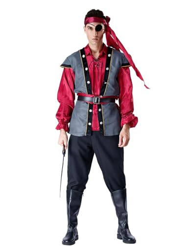 Koongso Mittelalterliches Piratenkostüm für Erwachsene, männliches Freibeuter-Outfit mit Gürtel, Kopftuch, Bandana, Requisiten, Halloween, Karneval, Party, Wikingeruniform, Bühne, Rollenspielzubehör von Koongso