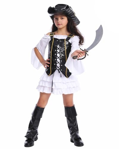 Koongso Piratenkapitän Kostüm für Kinder, Mädchen, Deluxe, mittelalterliches Renaissance-Wikinger-Kleid mit Weste, Hut, Freibeuter, Cosplay, Verkleidung, Performance-Zubehör von Koongso