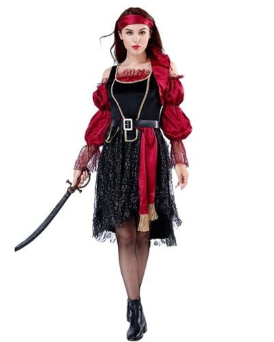 Koongso Piratenkostüm für Erwachsene, Frauen Freibeuter Vintage Verkleidung mit Kopfbedeckung Gürtel Zubehör Halloween Karneval Dress Up Wikinger Party Bühne Outfit von Koongso