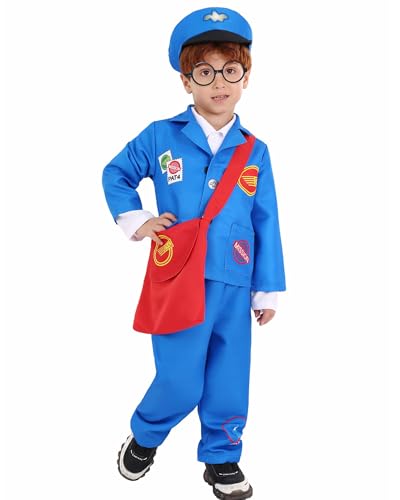 Koongso Postbotenkostüm für Kinder, Jungen, Mädchen, Postbote, blaue Outfits mit Hut, rote Tragetasche, Brille für Karriere, Halloween, Rollenspiele, Party, Aufführung von Koongso