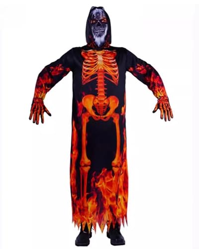 Koongso Unisex Erwachsene Halloween Tod Teufel Kostüm Flamme Schädel Schwarz Robe mit gruseliger Geistermaske Skelett Handschuhe für Männer Frauen Horror Party Karneval Verkleidung von Koongso