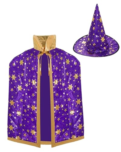 Koongso Unisex Erwachsene Zauberer Zauberer Sterndruck Robe Umhang mit Hut für Männer Frauen Karneval Halloween Hexe Rollenspiel Outfits, 130 cm von Koongso