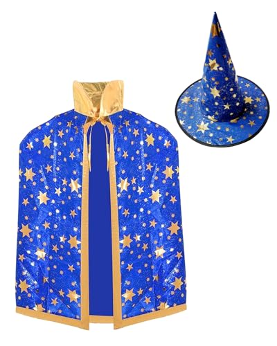 Koongso Unisex Erwachsene Zauberer Zauberer Sterndruck Robe Umhang mit Hut für Männer Frauen Karneval Halloween Hexe Rollenspiel Outfits, 130 cm von Koongso