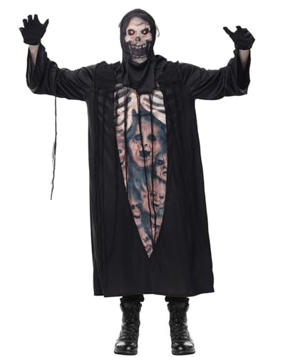 Koongso Unisex Gruseliges Skelett Geist Kostüm für Erwachsene, Skelett Schwarz Robe mit Totenkopf Maske Handschuhe Schrei Geist Verkleidung für Halloween Karneval Mottoparty von Koongso